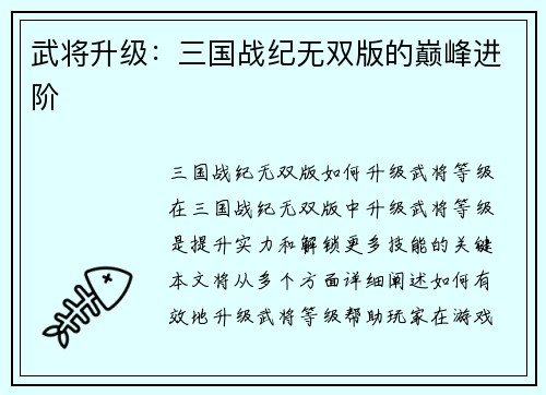 武将升级：三国战纪无双版的巅峰进阶