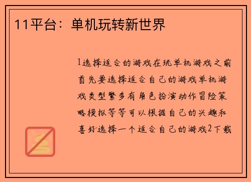 11平台：单机玩转新世界